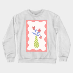 checkered lime green vase with pink flowers with squiggle frame Crewneck Sweatshirt